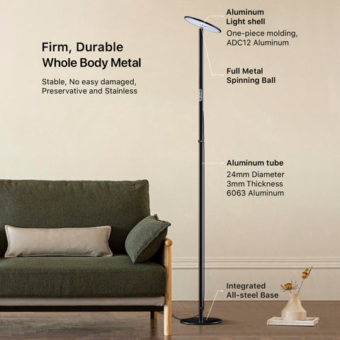 Aluminum LED Floor Lamp - Chiphy | Dual Color Temperature (2300-6500K) & Adjustable Brightness, 40W/2400LM, 69" Tall with 4 Heights - Versatile for Living Room, Bedroom, Reading