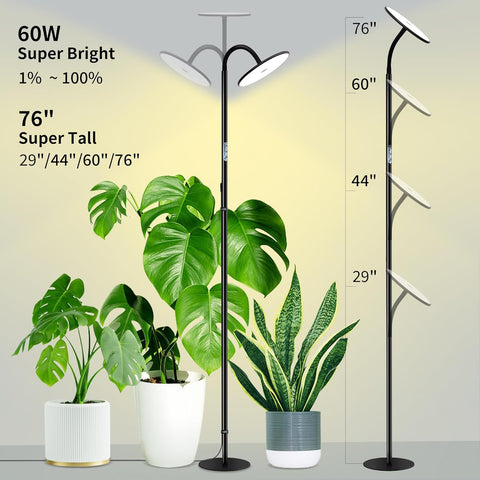 60W LED Full Spectrum Indoor Plant Light - Adjustable Height, Dimmable Brightness, 360° Flexible Head, Remote Control - Ideal for Every Growth Stage
