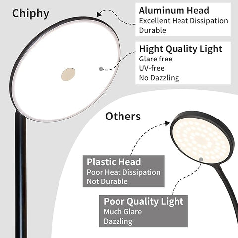 Bright & Dimmable LED Floor Lamp by chiphy: Adjustable 28''-76'', 23W-40W, 2300K-6500K, with Flexible Gooseneck & Remote, for Home Office Reading