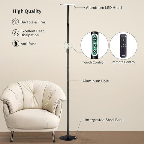 Bright & Dimmable LED Floor Lamp by chiphy: Adjustable 28''-76'', 23W-40W, 2300K-6500K, with Flexible Gooseneck & Remote, for Home Office Reading