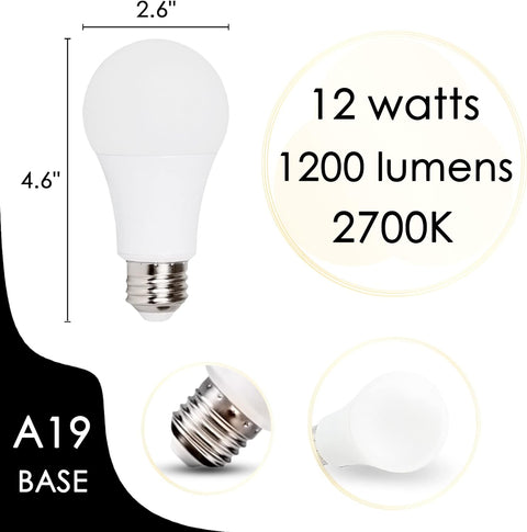 Dimmable LED Light Bulbs by chiphy | 1200 Lumens Brightness | 12W (120W Equivalent) | Warm White 2700K | A19/E27 Base | 3-Level Brightness Without Dimmer | Energy-Saving Standard Replacement | 2-Pack