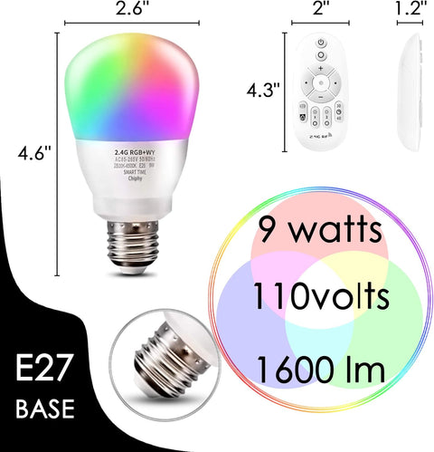 Remote-Controlled Multicolor LED Light Bulbs by chiphy | 7 Colors & Adjustable Brightness | 9W (60W Equivalent) | A19 Base | 2500K-6500K Adjustable Color Temperature | 2-Pack
