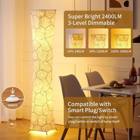 ツイストウエストデザインフロアランプ - 調光可能、明るさ3段階調整可能、12Wx2 LED電球、マーブルファブリックシェード - Chiphy
